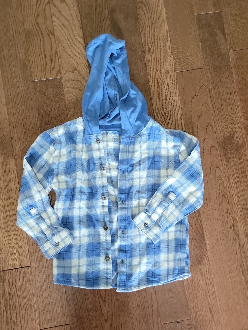 Carter's Blue and White Plaid Hooded Button-Up Shirt
